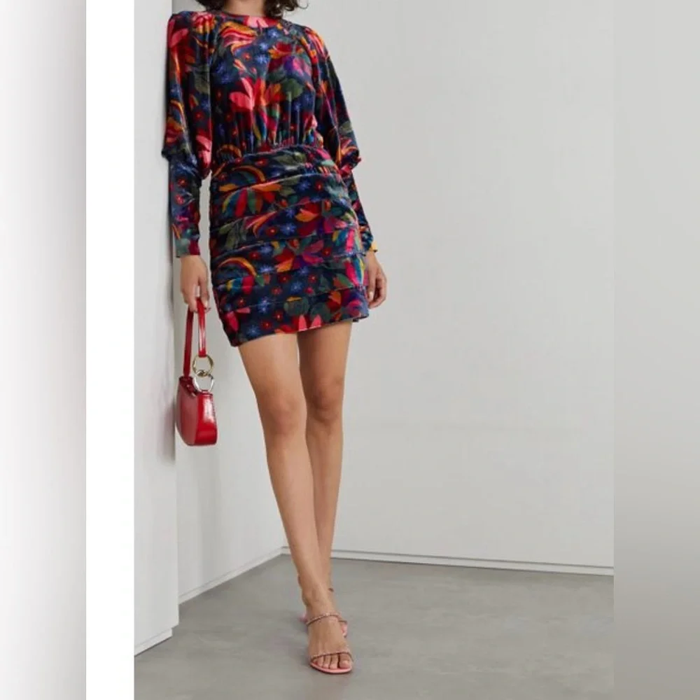 Farm Rio mini dress made from plush velvet printed with array of colorful blooms - Picture 2 of 12